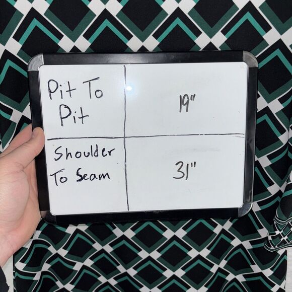 Geometric Artsy Tunic Shift Dress Black Green White 3/4 Sleeve Womens Medium - Picture 6 of 6